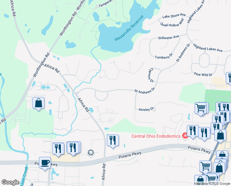 map of restaurants, bars, coffee shops, grocery stores, and more near 4969 Saint Andrews Drive in Westerville