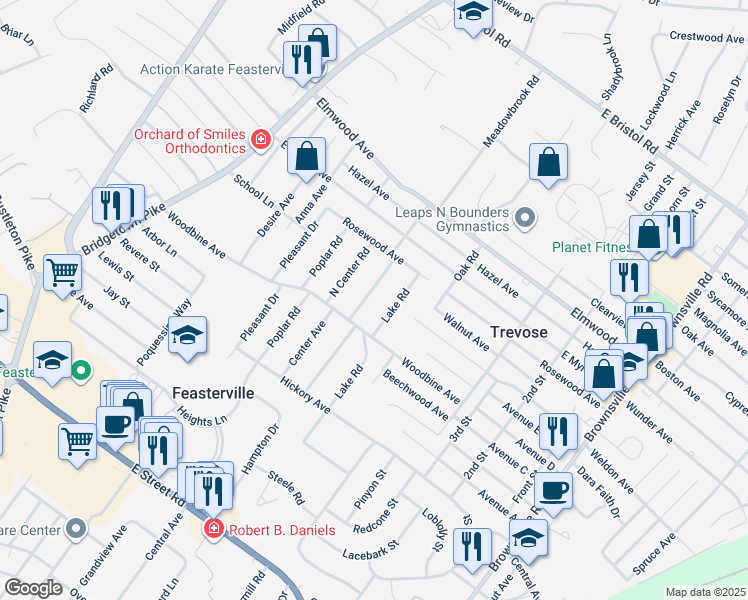 map of restaurants, bars, coffee shops, grocery stores, and more near 1519 Meadowbrook Road in Trevose