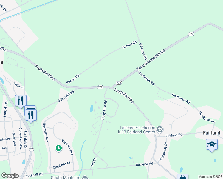 map of restaurants, bars, coffee shops, grocery stores, and more near 453 Fruitville Pike in Manheim