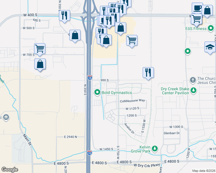 map of restaurants, bars, coffee shops, grocery stores, and more near 1821 South Stonehedge Way in Springville