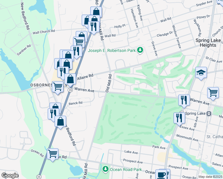 map of restaurants, bars, coffee shops, grocery stores, and more near 38 Apple Drive in Spring Lake