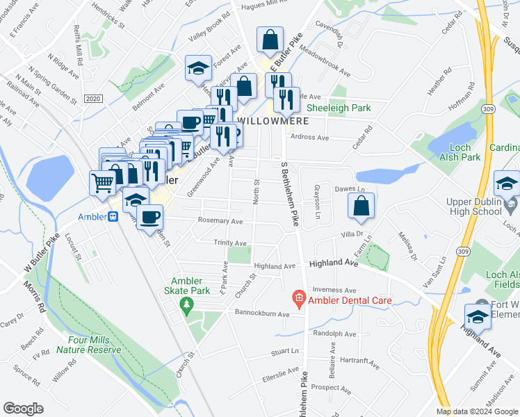 map of restaurants, bars, coffee shops, grocery stores, and more near 330 Mattison Avenue in Ambler