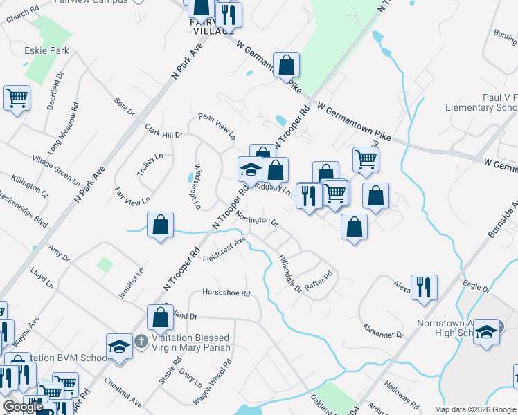 map of restaurants, bars, coffee shops, grocery stores, and more near 521 Carousel Circle in Eagleville