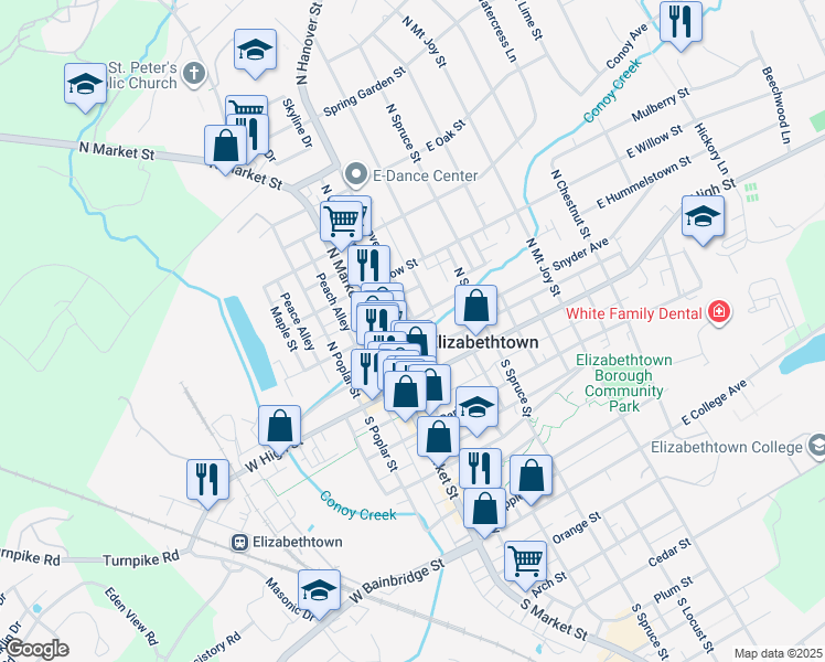 map of restaurants, bars, coffee shops, grocery stores, and more near 104 East Hummelstown Street in Elizabethtown