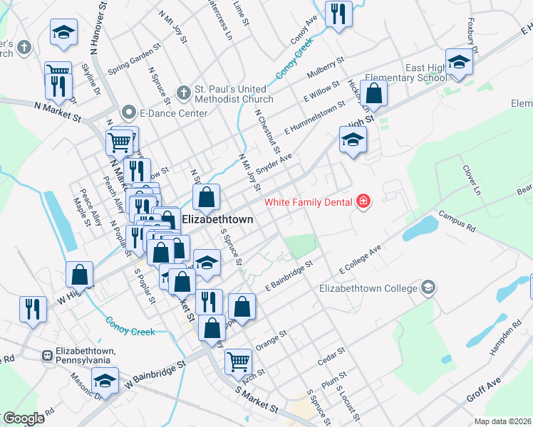 map of restaurants, bars, coffee shops, grocery stores, and more near 36 South Mount Joy Street in Elizabethtown