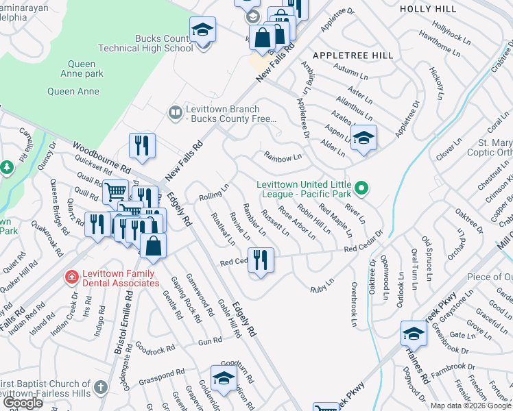 map of restaurants, bars, coffee shops, grocery stores, and more near 60 Rambler Lane in Levittown