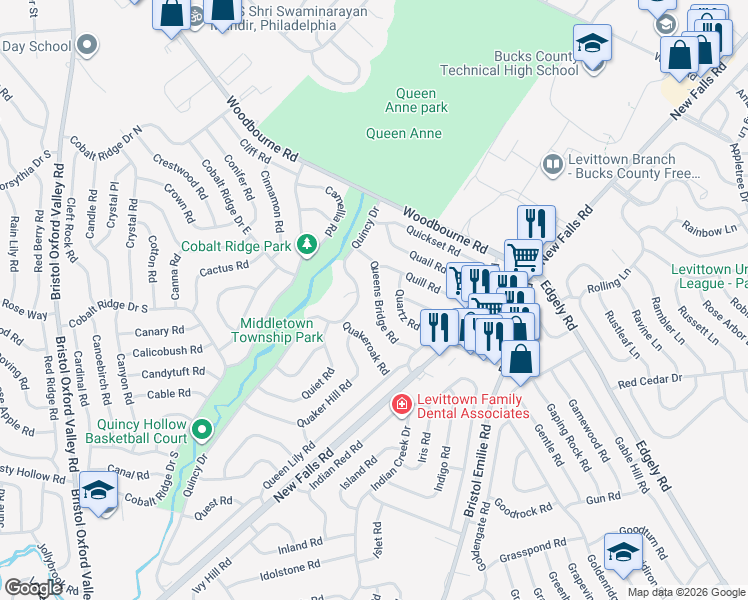 map of restaurants, bars, coffee shops, grocery stores, and more near in Levittown