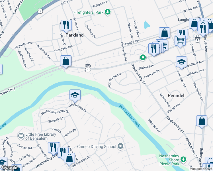 map of restaurants, bars, coffee shops, grocery stores, and more near 686 High Pointe Circle in Langhorne