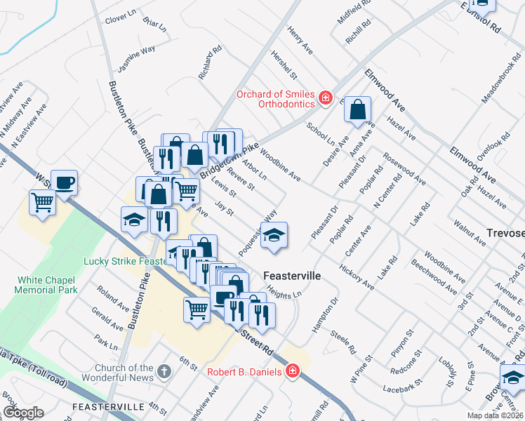 map of restaurants, bars, coffee shops, grocery stores, and more near 43 Revere Street in Feasterville