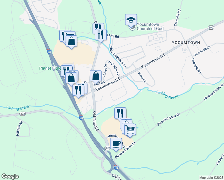 map of restaurants, bars, coffee shops, grocery stores, and more near 35 York Hill Road in Valley Green