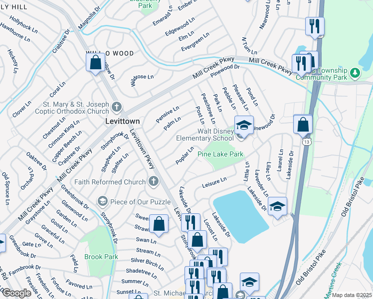 map of restaurants, bars, coffee shops, grocery stores, and more near 35 Poplar Lane in Levittown