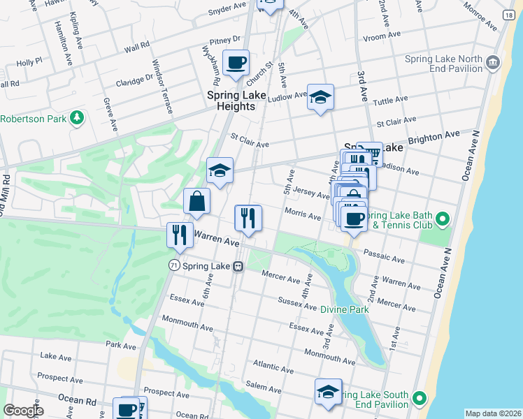 map of restaurants, bars, coffee shops, grocery stores, and more near 512 Morris Avenue in Spring Lake