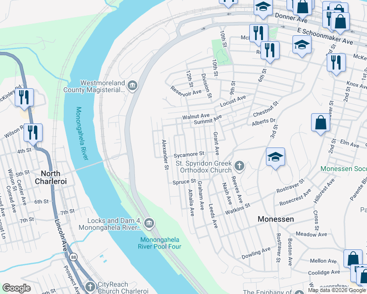 map of restaurants, bars, coffee shops, grocery stores, and more near 941 Athalia Avenue in Monessen