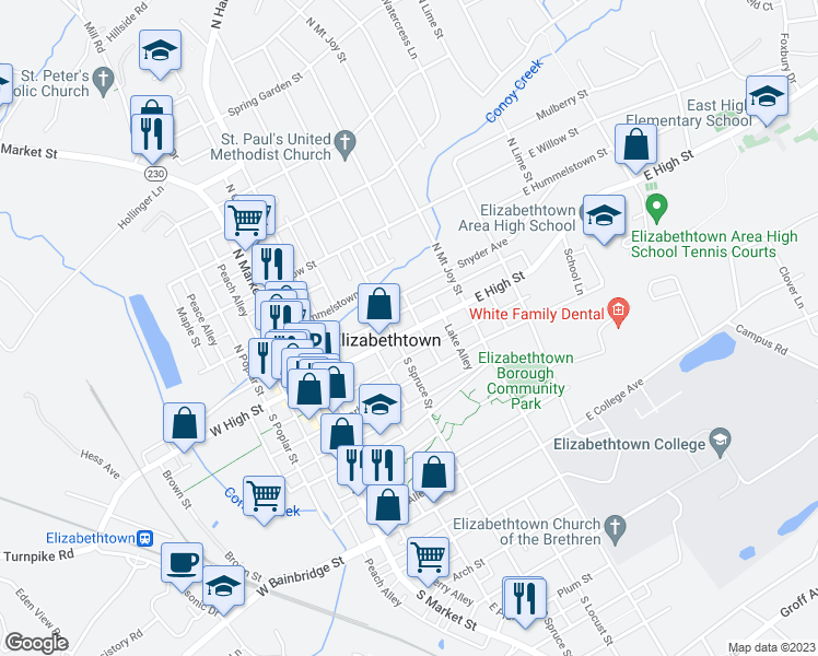 map of restaurants, bars, coffee shops, grocery stores, and more near 223 East High Street in Elizabethtown