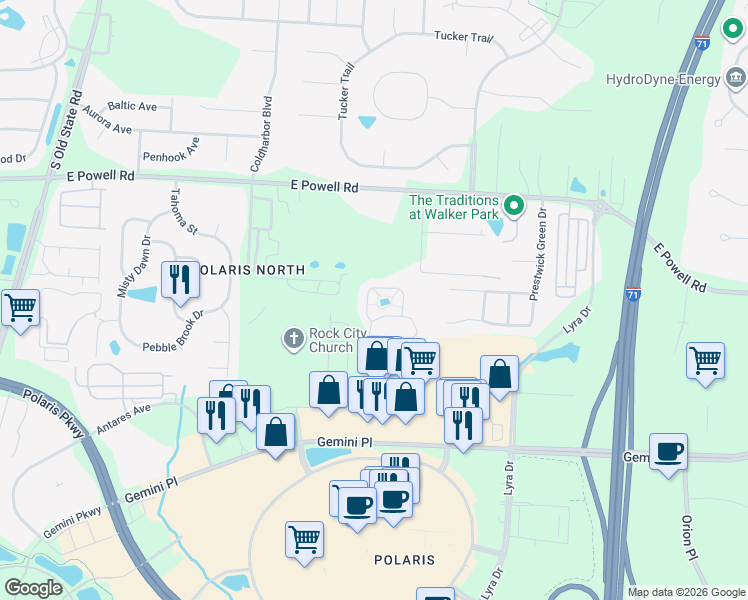 map of restaurants, bars, coffee shops, grocery stores, and more near 9088 Polaris Lakes Drive in Columbus