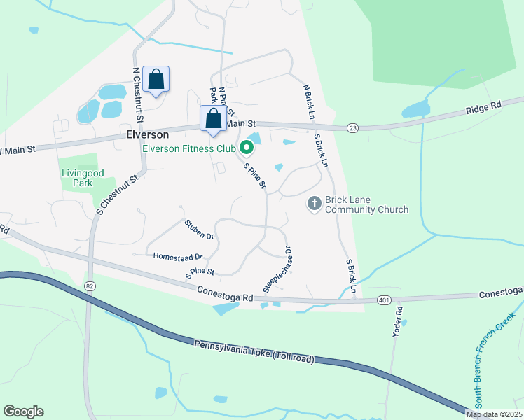 map of restaurants, bars, coffee shops, grocery stores, and more near 124 South Pine Street in Elverson