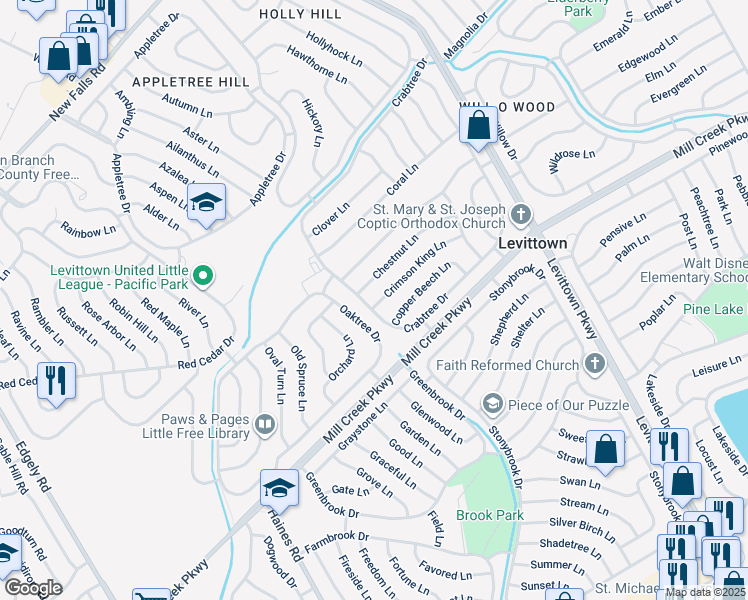 map of restaurants, bars, coffee shops, grocery stores, and more near 9 Crimson King Lane in Levittown