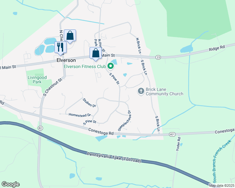 map of restaurants, bars, coffee shops, grocery stores, and more near 124 South Pine Street in Elverson