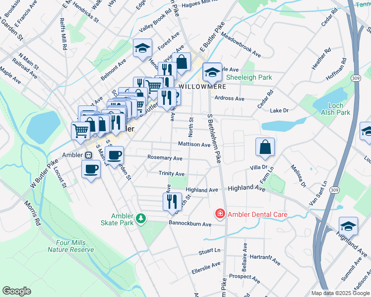 map of restaurants, bars, coffee shops, grocery stores, and more near 330 Mattison Ave in Ambler