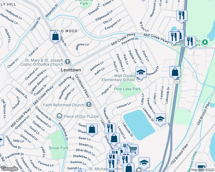 map of restaurants, bars, coffee shops, grocery stores, and more near 35 Poplar Lane in Levittown