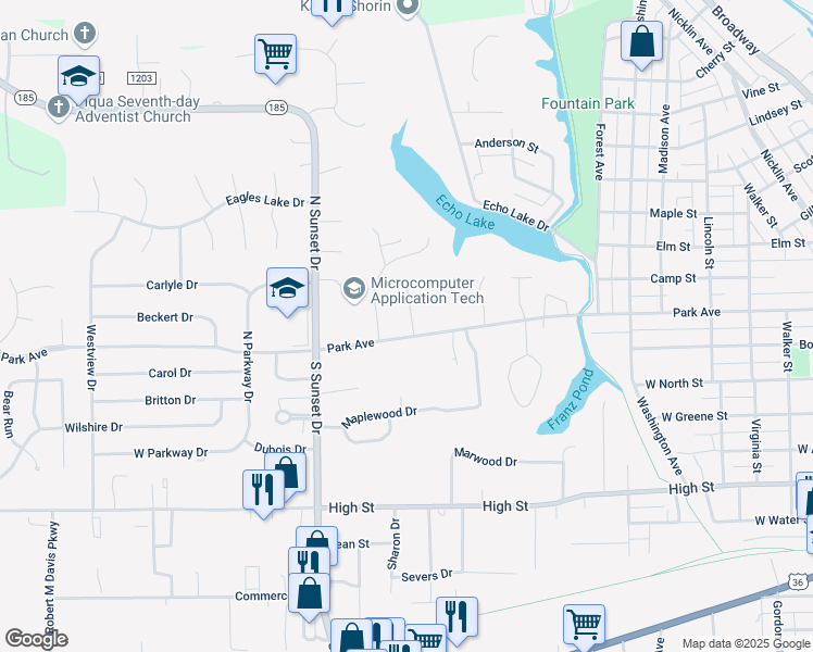 map of restaurants, bars, coffee shops, grocery stores, and more near 1324 Park Avenue in Piqua