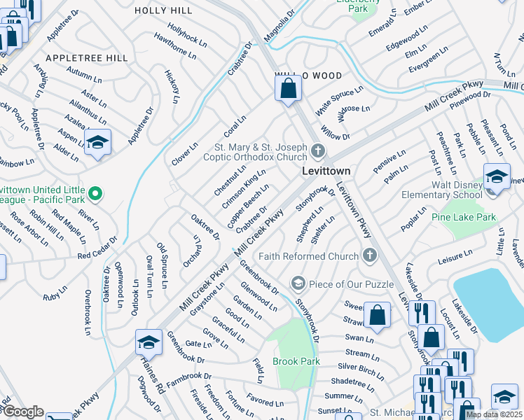 map of restaurants, bars, coffee shops, grocery stores, and more near 168 Crabtree Drive in Levittown