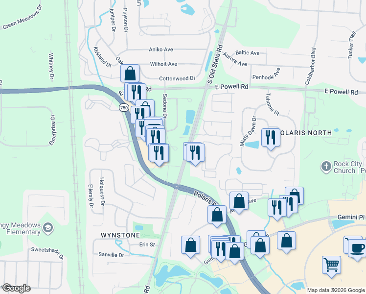 map of restaurants, bars, coffee shops, grocery stores, and more near 8813 South Old State Road in Lewis Center