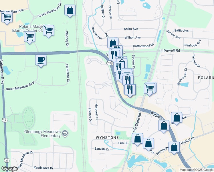 map of restaurants, bars, coffee shops, grocery stores, and more near 1038 Bayridge Drive in Lewis Center
