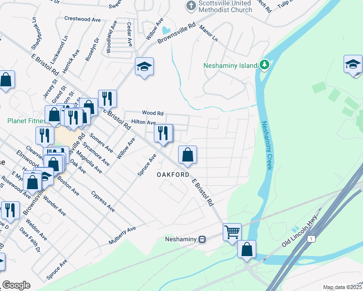 map of restaurants, bars, coffee shops, grocery stores, and more near 1021 Crescent Avenue in Bucks County