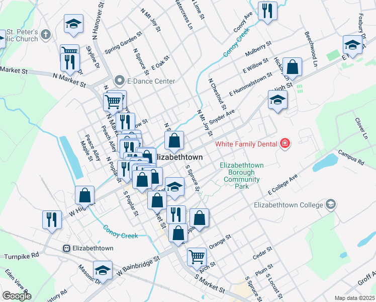 map of restaurants, bars, coffee shops, grocery stores, and more near 223 East High Street in Elizabethtown