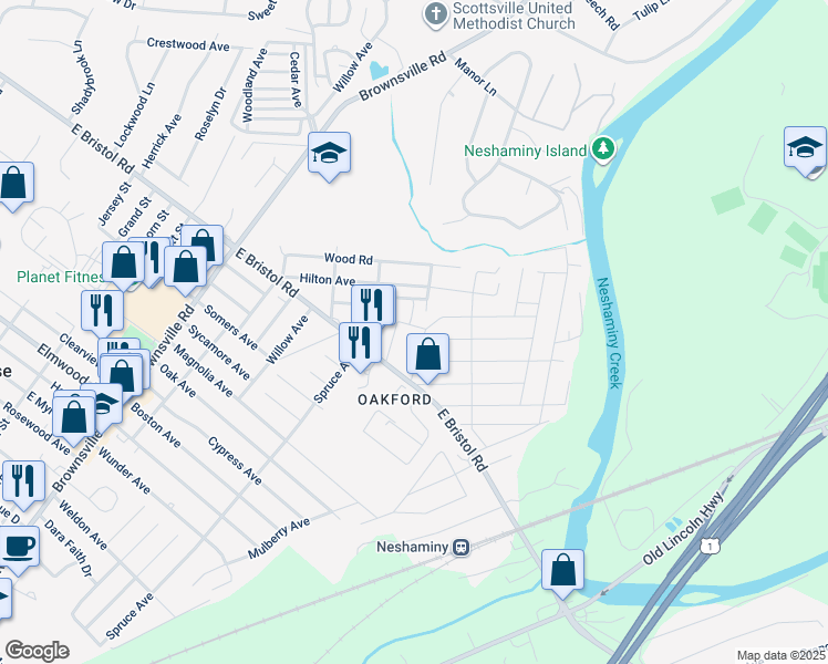 map of restaurants, bars, coffee shops, grocery stores, and more near 1021 Crescent Avenue in Bucks County
