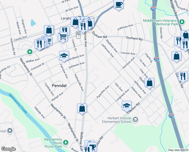 map of restaurants, bars, coffee shops, grocery stores, and more near 31 Oak Avenue in Penndel