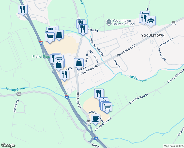map of restaurants, bars, coffee shops, grocery stores, and more near 35 York Hill Road in Valley Green