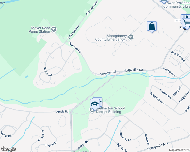 map of restaurants, bars, coffee shops, grocery stores, and more near 3374 Visitation Road in Collegeville