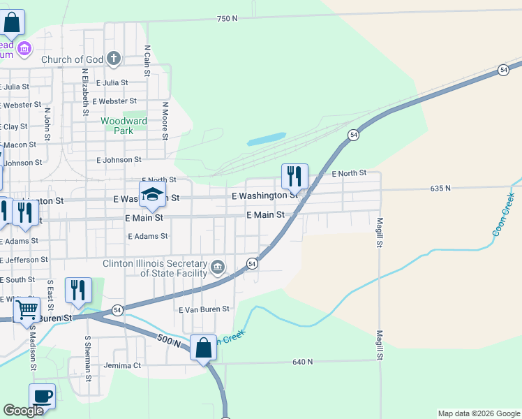 map of restaurants, bars, coffee shops, grocery stores, and more near 1411 East Main Street in Clinton