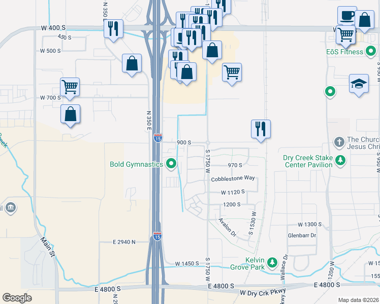 map of restaurants, bars, coffee shops, grocery stores, and more near 1821 South Stonehedge Way in Springville