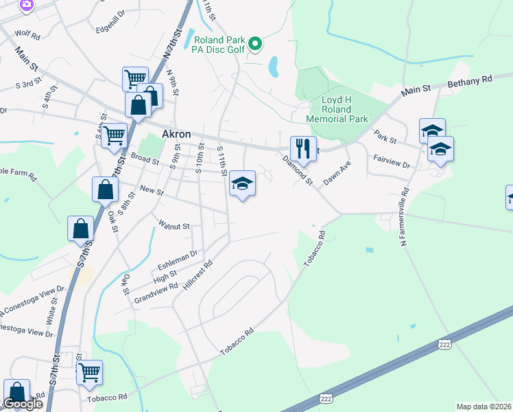 map of restaurants, bars, coffee shops, grocery stores, and more near 125 South 11th Street in Akron