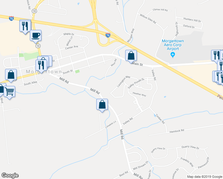 map of restaurants, bars, coffee shops, grocery stores, and more near 1529 Lexington Way in Morgantown