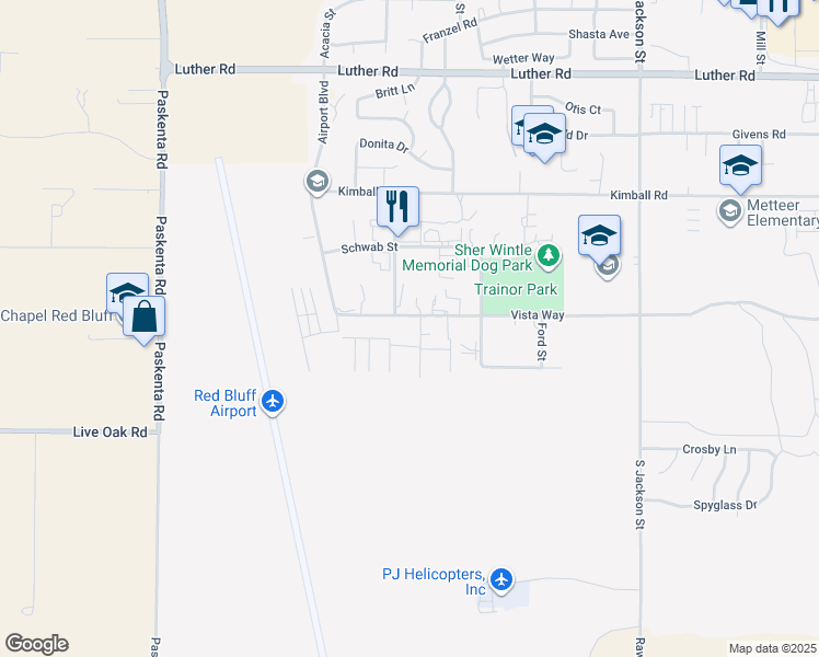 map of restaurants, bars, coffee shops, grocery stores, and more near 1425 Vista Way in Red Bluff
