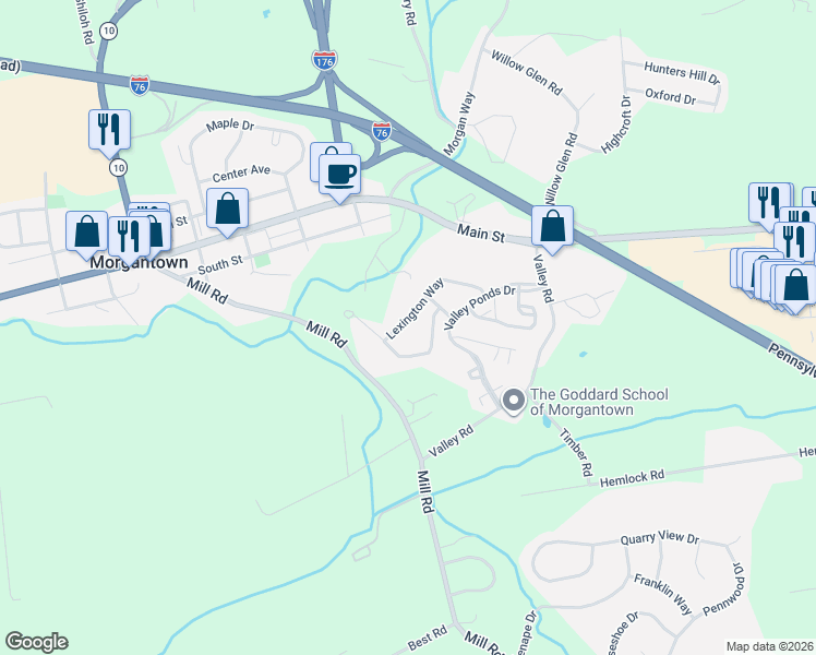 map of restaurants, bars, coffee shops, grocery stores, and more near 1520 Lexington Way in Morgantown