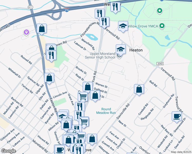 map of restaurants, bars, coffee shops, grocery stores, and more near 885 North York Road in Willow Grove