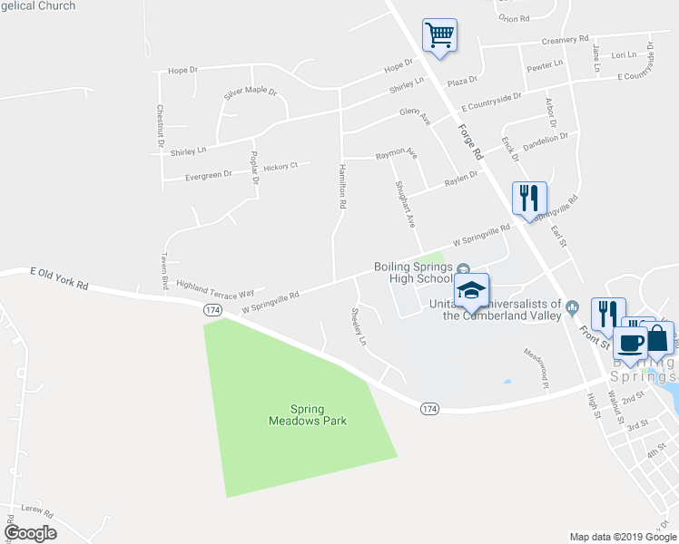 map of restaurants, bars, coffee shops, grocery stores, and more near 116 West Springville Road in Boiling Springs