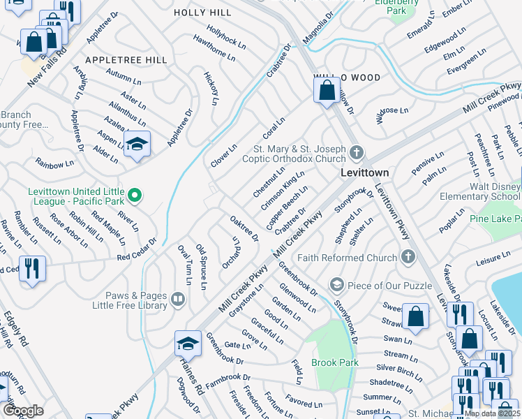 map of restaurants, bars, coffee shops, grocery stores, and more near 9 Crimson King Lane in Levittown