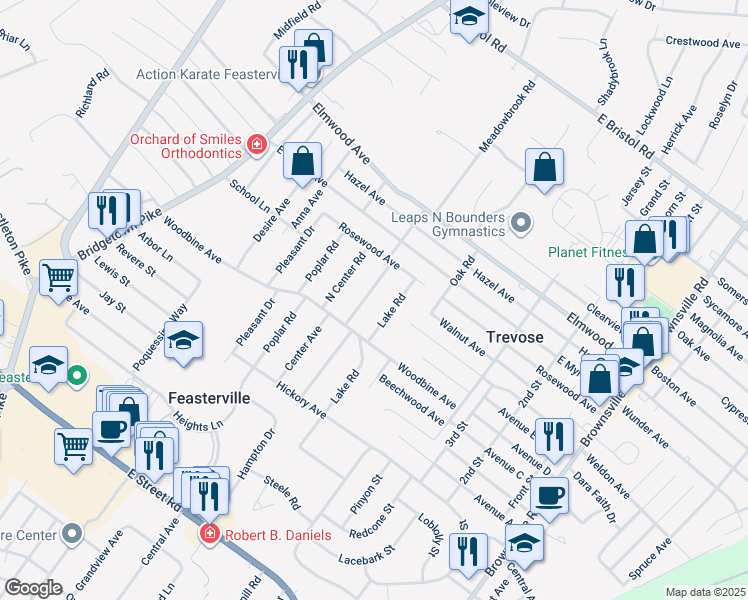 map of restaurants, bars, coffee shops, grocery stores, and more near 1523 Meadowbrook Road in Trevose