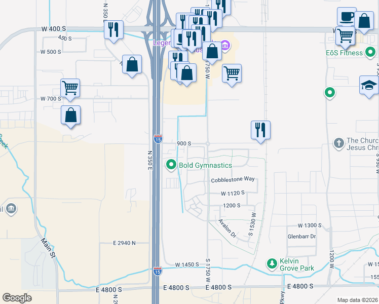 map of restaurants, bars, coffee shops, grocery stores, and more near 1821 South Stonehedge Way in Springville
