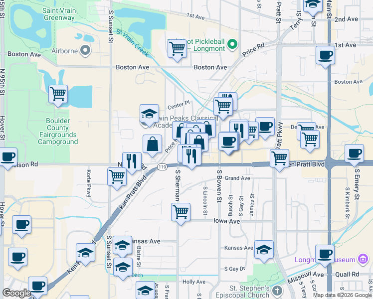 map of restaurants, bars, coffee shops, grocery stores, and more near 1341 Sherman Drive in Longmont
