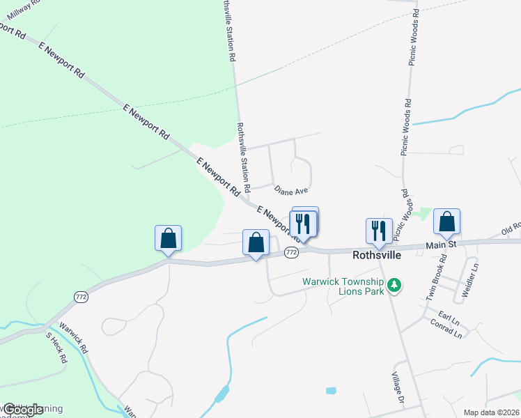 map of restaurants, bars, coffee shops, grocery stores, and more near 1263 East Newport Road in Lititz