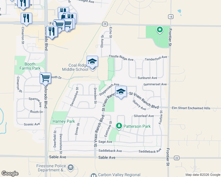 map of restaurants, bars, coffee shops, grocery stores, and more near 6530 Stagecoach Avenue in Longmont