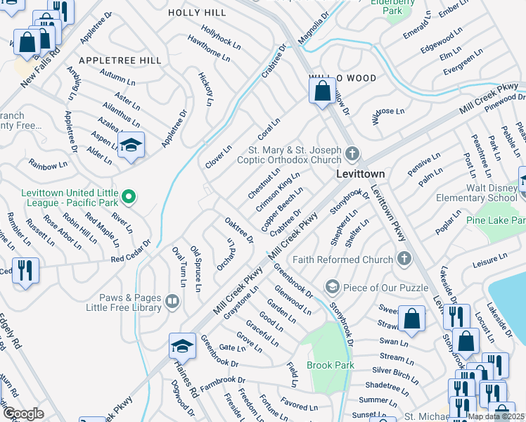 map of restaurants, bars, coffee shops, grocery stores, and more near 12 Crimson King Lane in Levittown