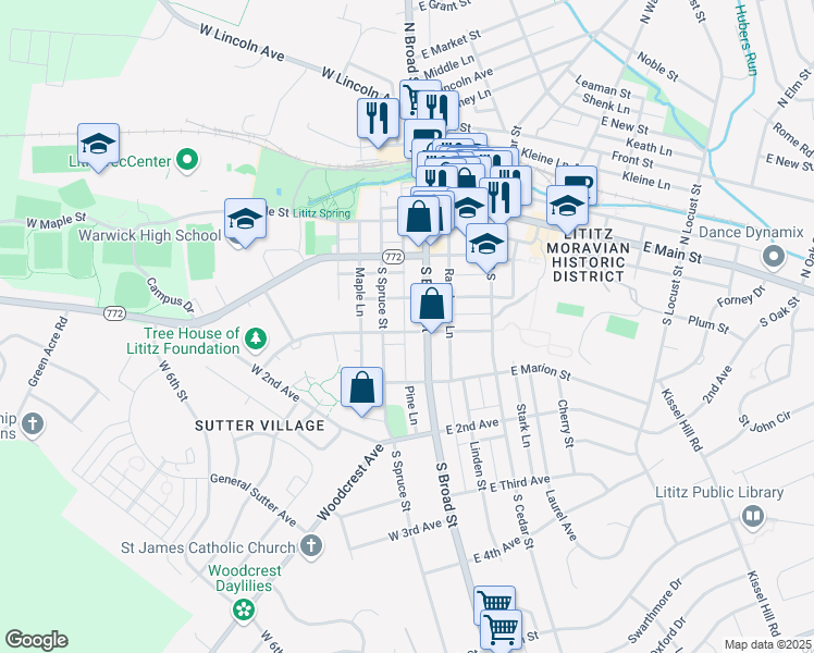 map of restaurants, bars, coffee shops, grocery stores, and more near 19 West Lemon Street in Lititz